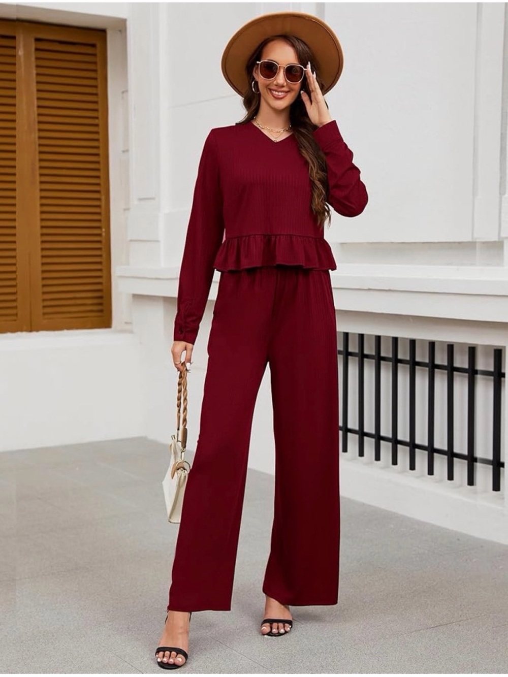 Women's V-Neck Ruffle Waist Wide-Leg 2 piece pantsuit - Burgundy